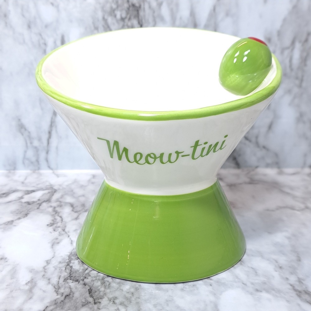 Mellow & Mod Cat Drinking Water Tall Bowl Meow-Tini Handcrafted Green/White
